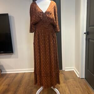 STORIA Sz M Terra Cotta Brown Boho Maxi Dress Pockets Tiered Kimono Slv Country